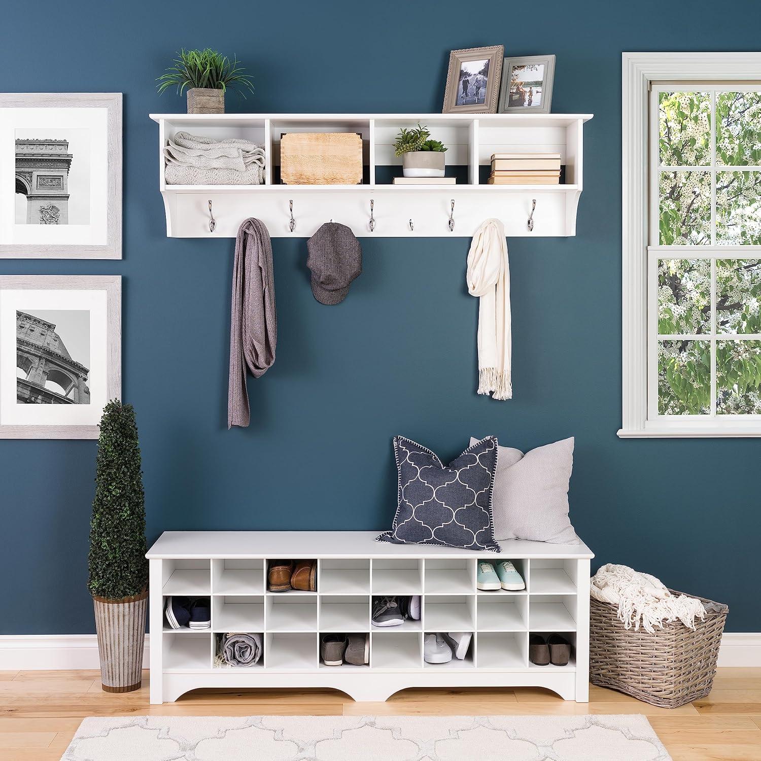 Prepac 60" Wide Hanging Entryway Shelf White: Wall Mounted Storage with 9 Hooks, Laminated Wood Composite