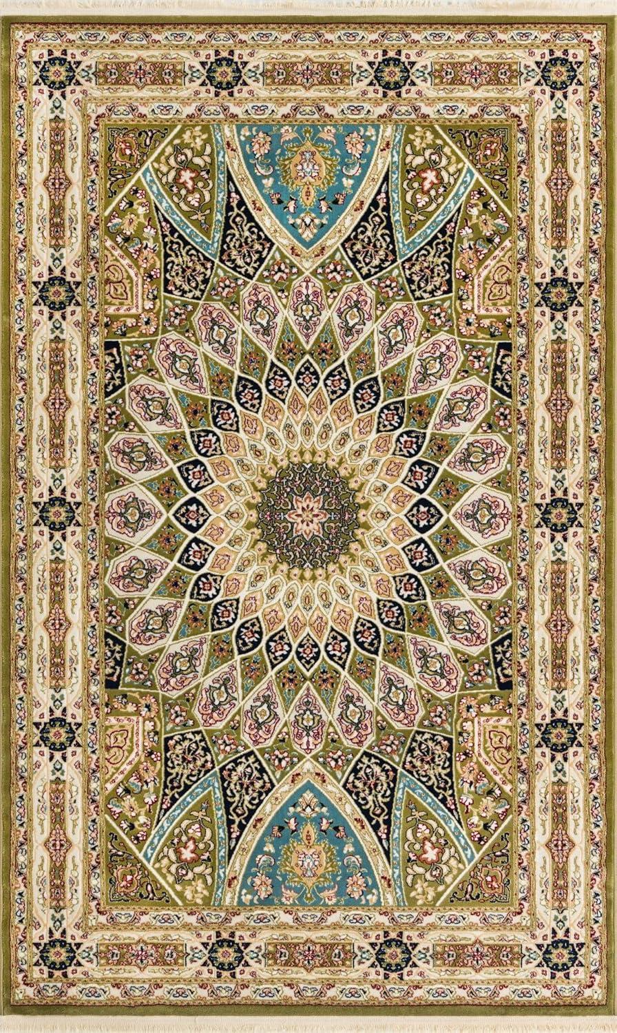 Green and Beige Rectangular Synthetic Persian-Style Area Rug