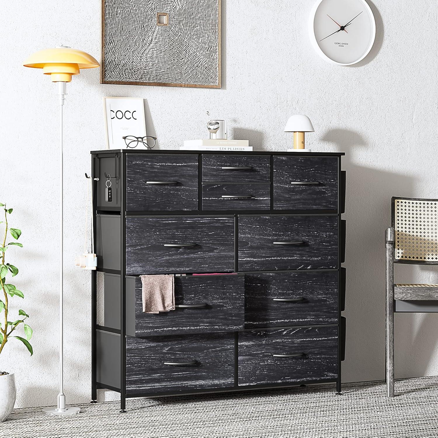 Black Wood Grain Tall Dresser with 10 Drawers and Side Pockets