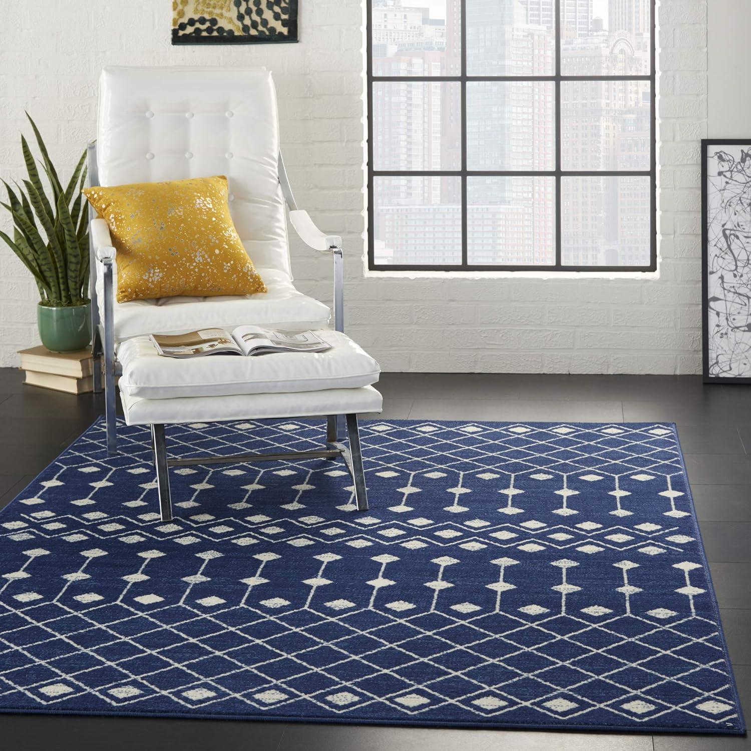 Navy Geometric 6' x 9' Hand-Knotted Synthetic Area Rug