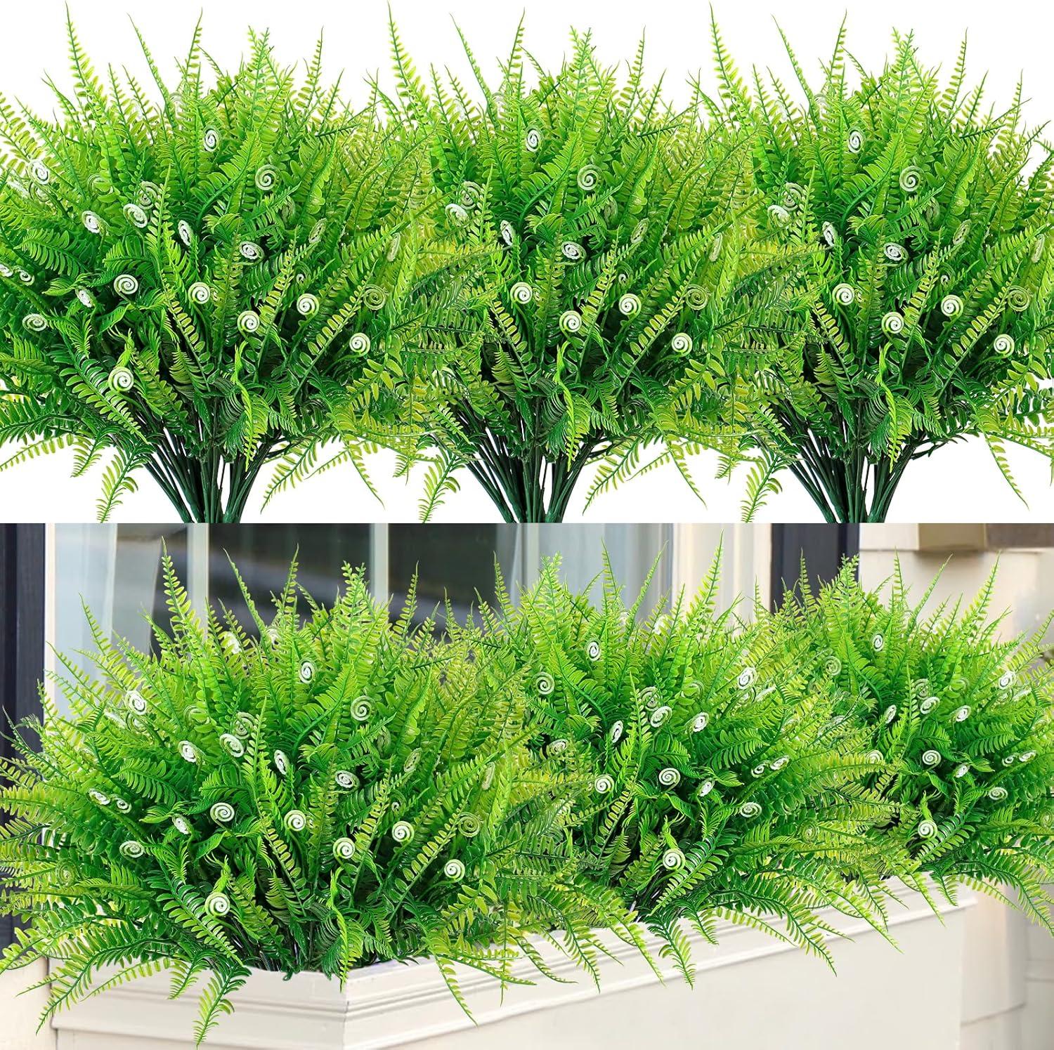 12 Bundles Artificial Ferns for Outdoors Fake Boston Fern Large Greenery Plants UV Resistant Faux Plastic Plants Shrubs for Garden Front Porch Window Box Indoor Outdoor Decoration