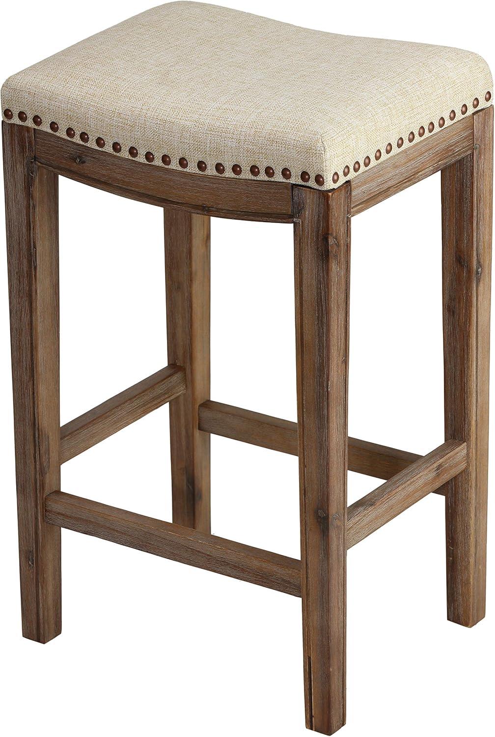 Cortesi Home Logan 24" Counter Stool, Backless with Nailhead Trim, Beige Linen Fabric