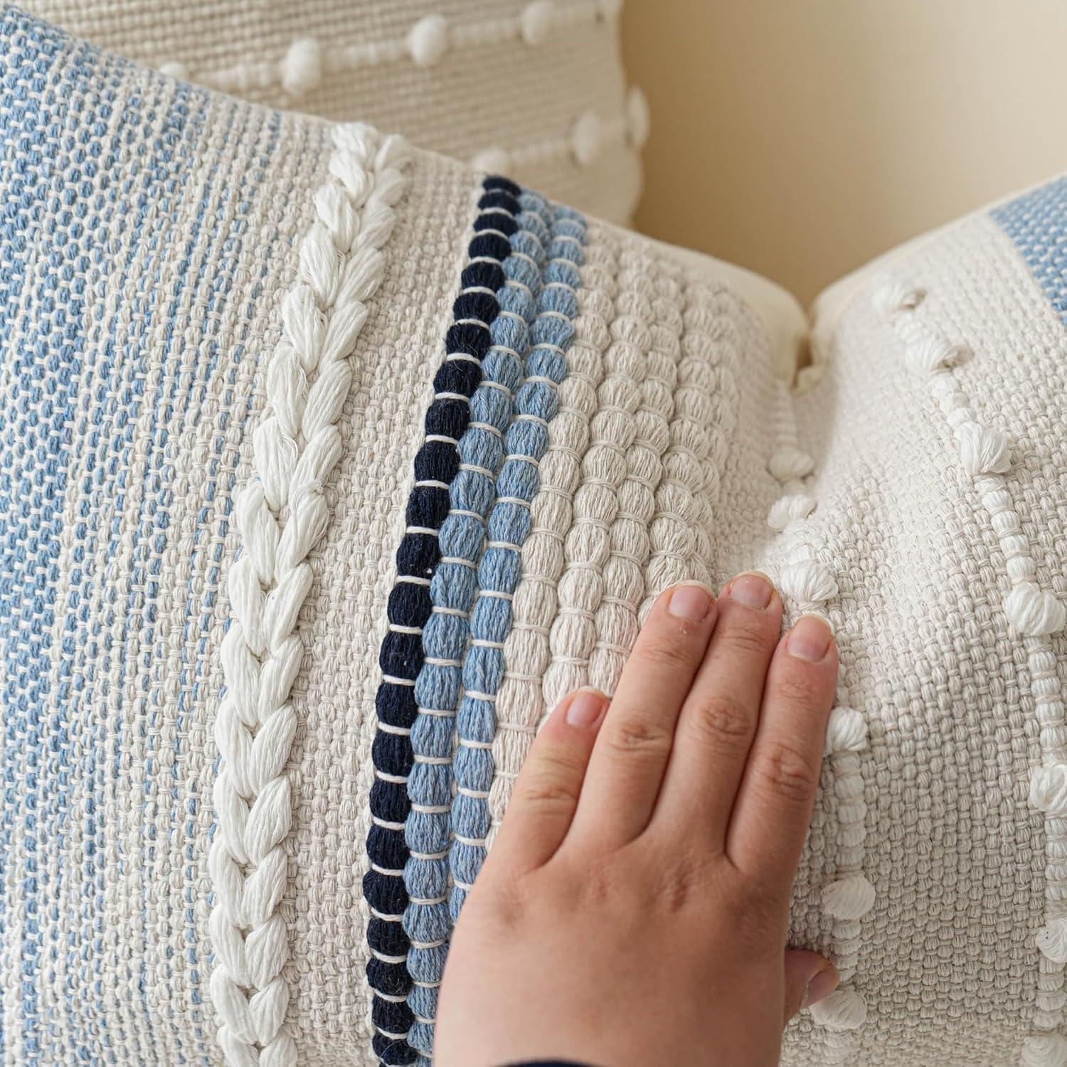 Coastal Blue Boho Decorative Throw Pillow Cover 20x20 Modern Bohemian Accent Pillow Case Square Woven Textured Farmhouse Pillows for Couch Bed (Pack of 1)