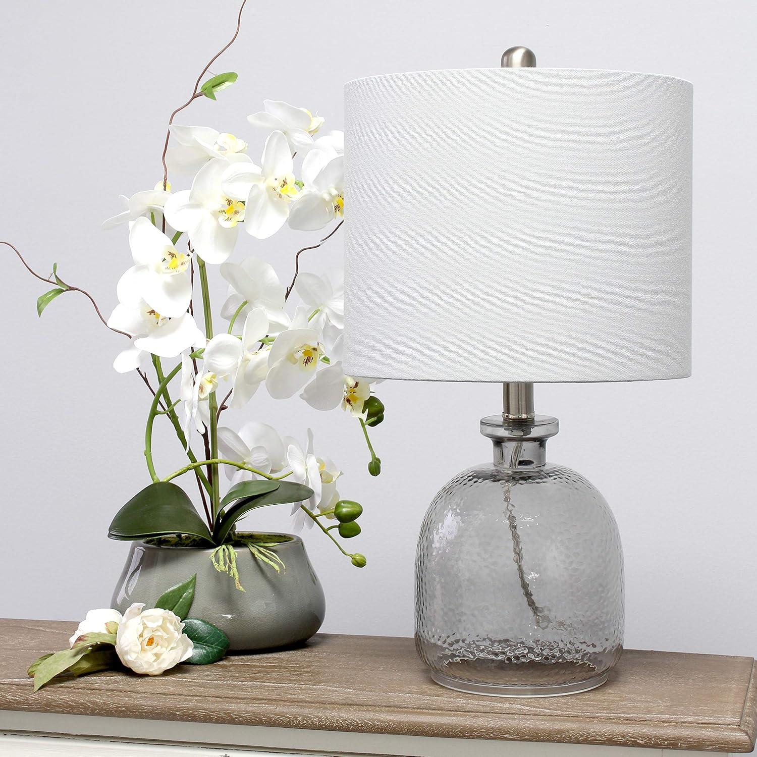 Smokey Gray Textured Glass Bedside Table Lamp with Drum Shade