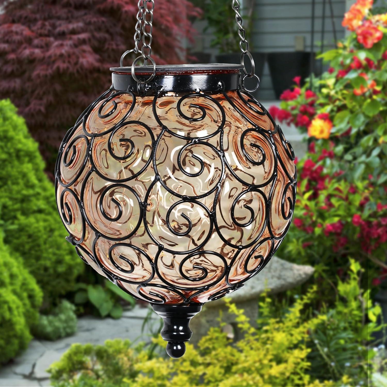 Amber Glass and Metal Solar Hanging Lantern with Scroll Design