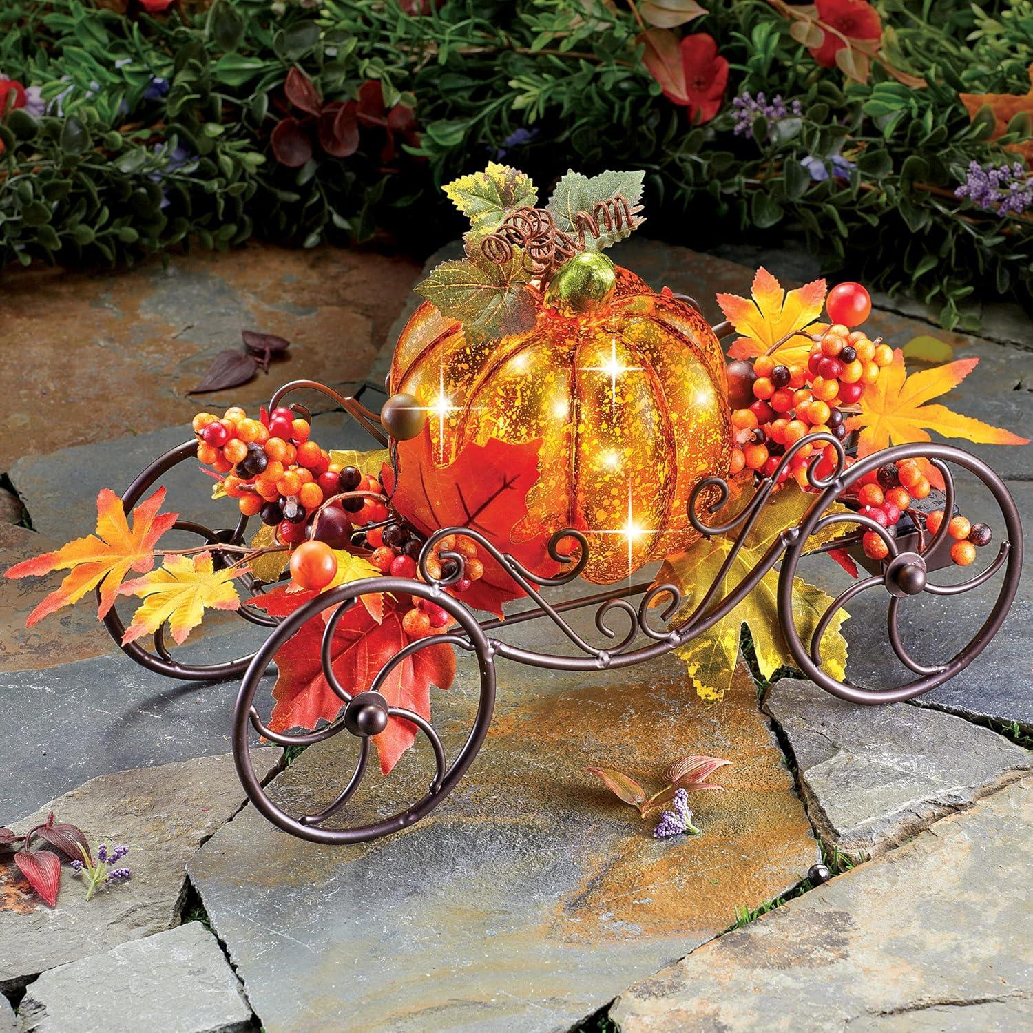 Collections Etc Solar Pumpkin Light Up Wagon, Fall Outdoor Décor, Metal
