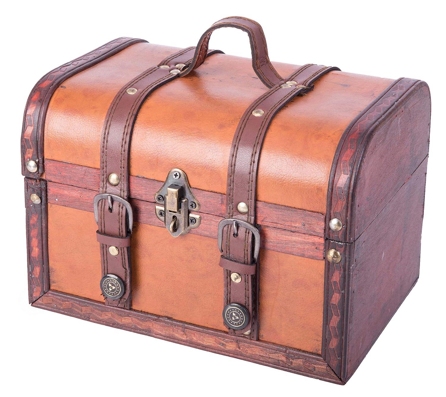 Vintiquewise Decorative Wood Leather Treasure Box - Large Trunk