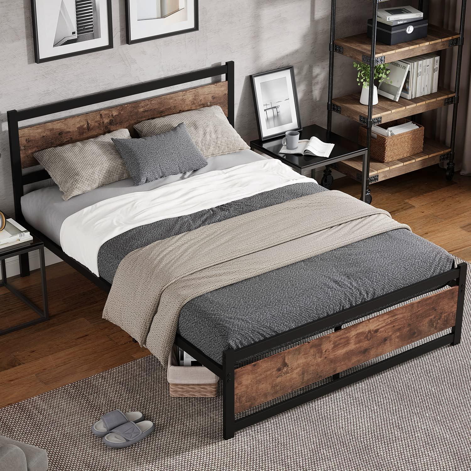 King Black Metal Frame with Rustic Wood Headboard