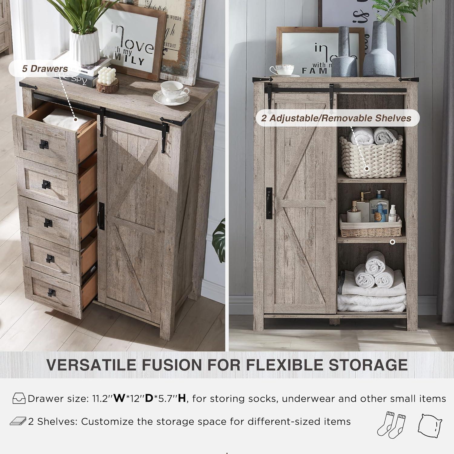 Farmhouse 5 Chest of Drawers, Tall Drawers Dresser with Sliding Barn Door