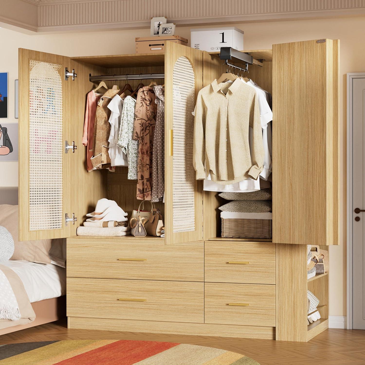 Everly Quinn Freestanding Armoire Wardrobe Closet with 2 Woven Doors