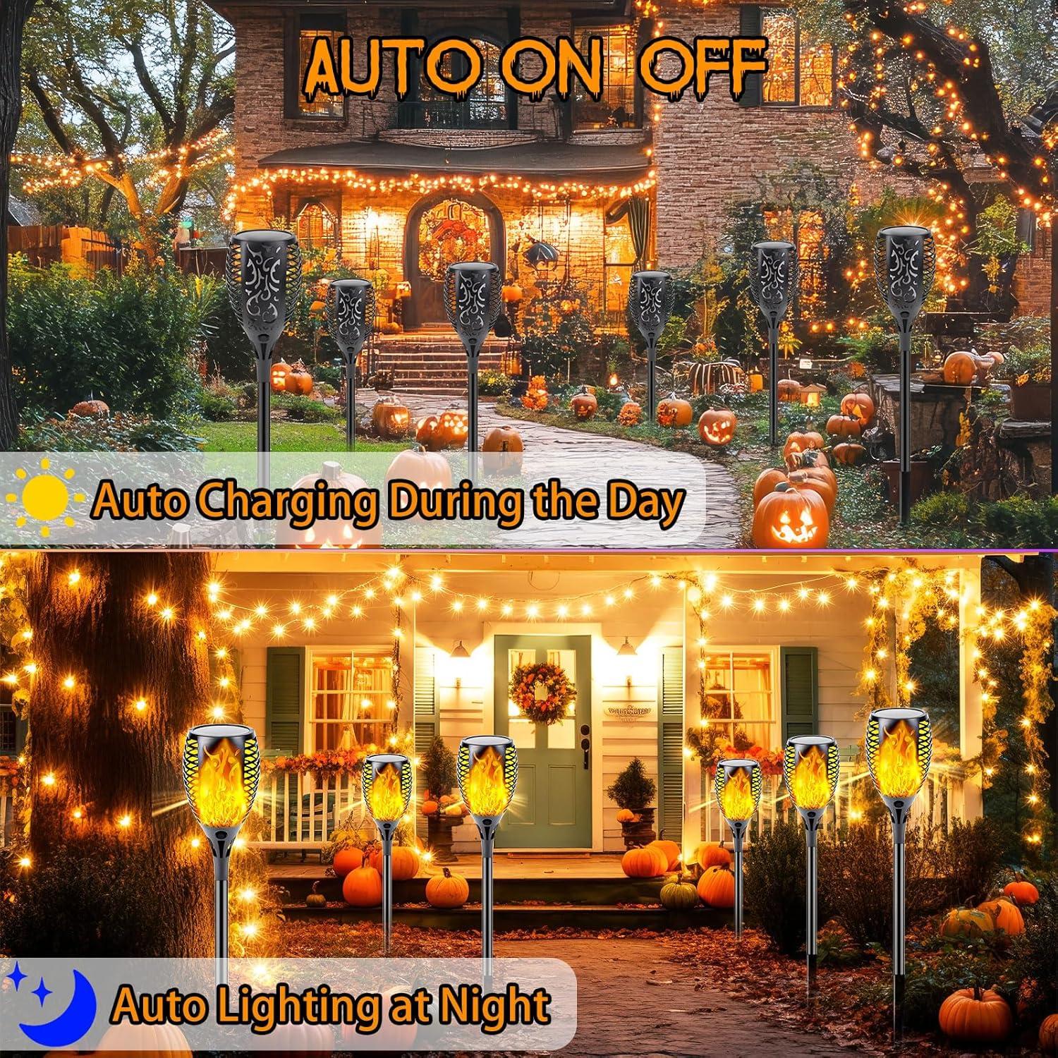 Upgraded Solar Lights Outdoor, 6 Pack Flickering Flame Solar Torch Lights with Super Larger Size for Halloween Decor, Solar Halloween Lights Waterproof Solar Powered Outdoor Lights for Garden Pathway