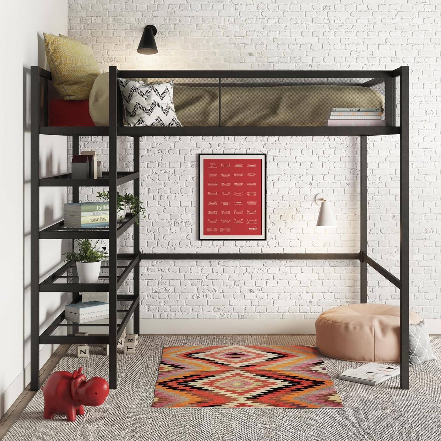 Twin Black Metal Loft Bed with Bookcase and Slats