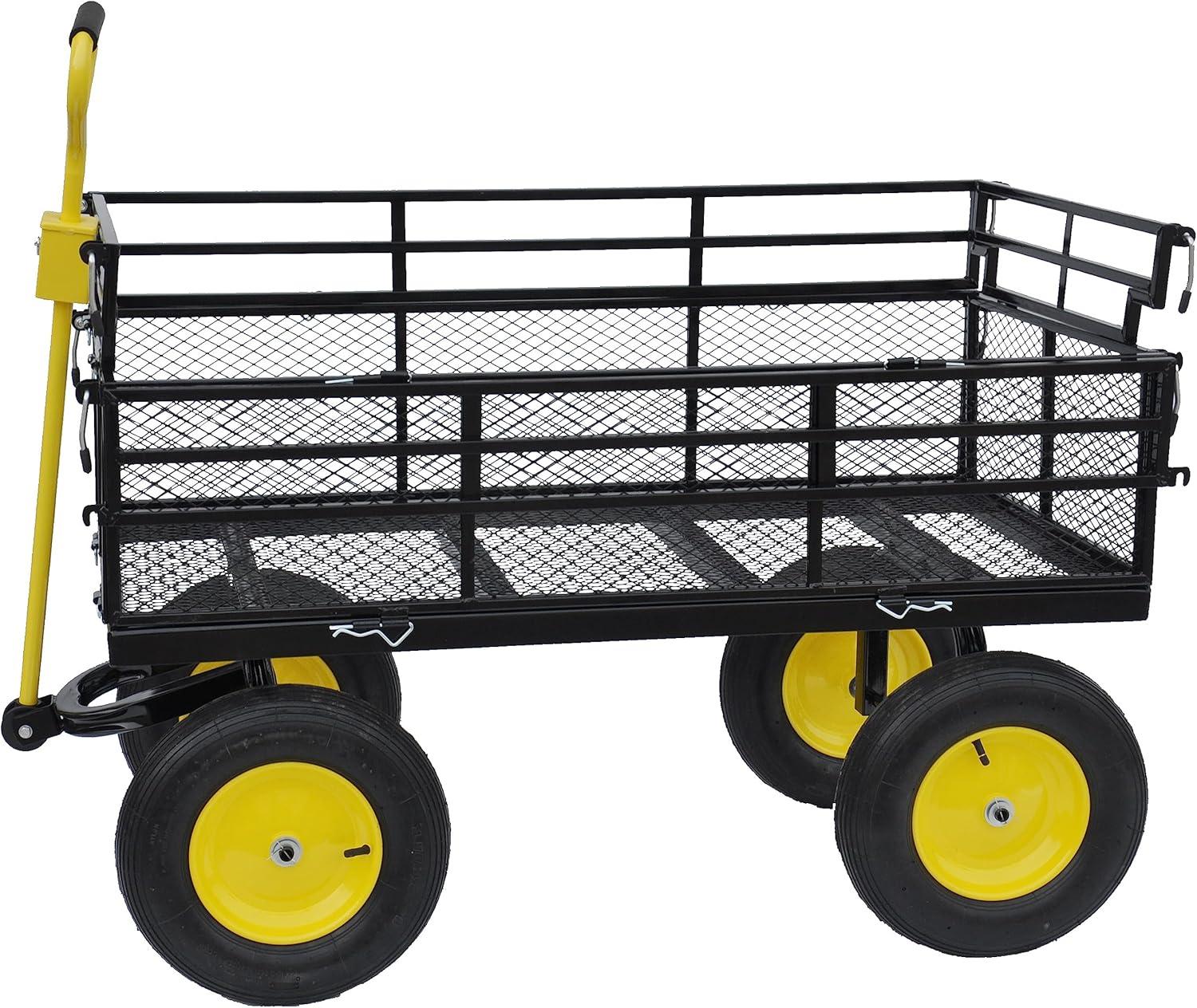 Large Black and Yellow Metal Garden Cart with Pneumatic Tires