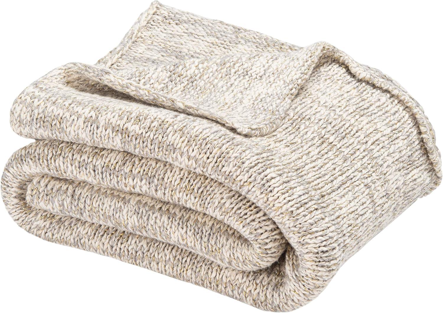 Light Grey and Gold Cotton Faux Fur Reversible Knit Throw