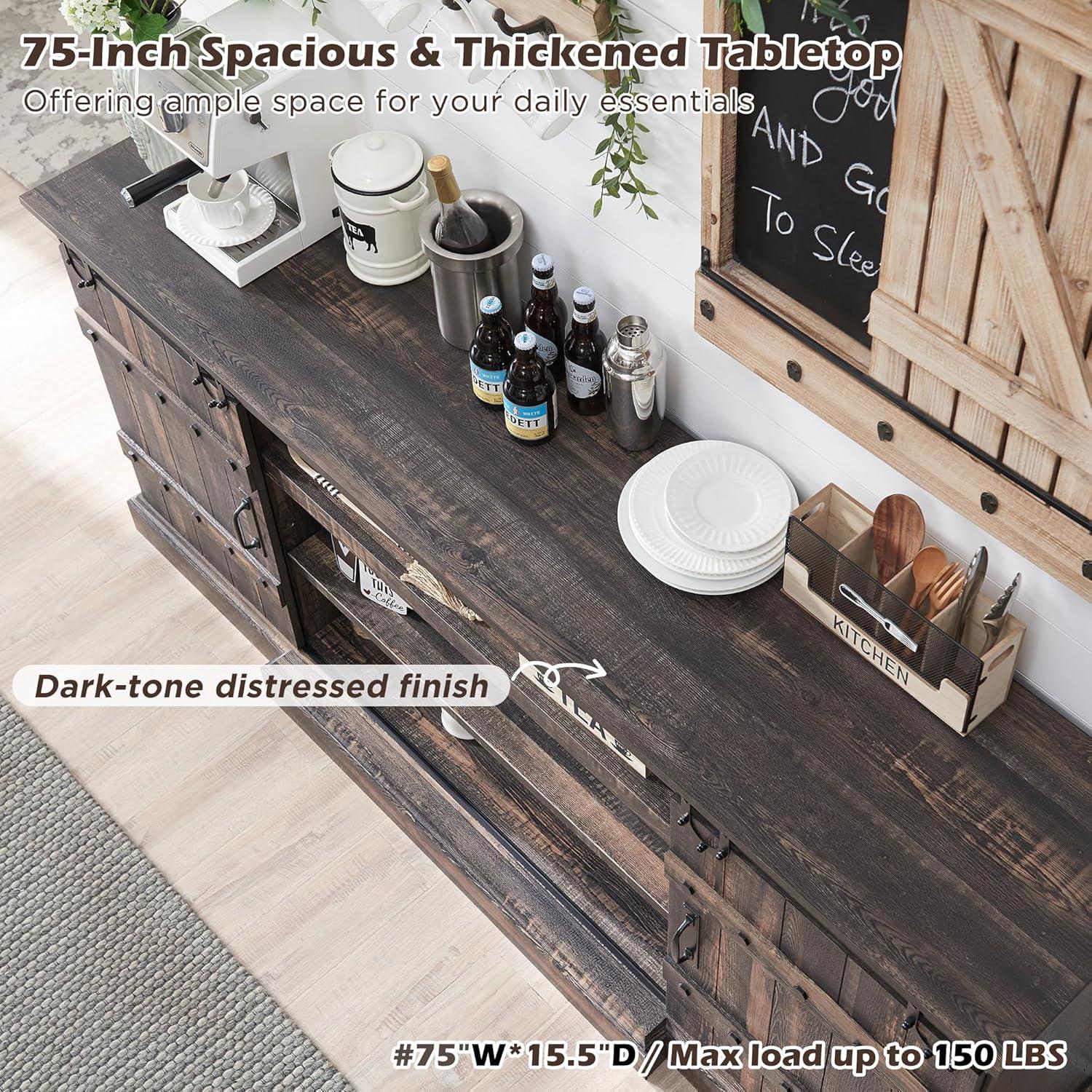 OKD 75" Wide Farmhouse Barn Door TV Stand for TVs up to 85", Entertainment Center with Wood Barn Door Storage Console, Dark Rustic Oak