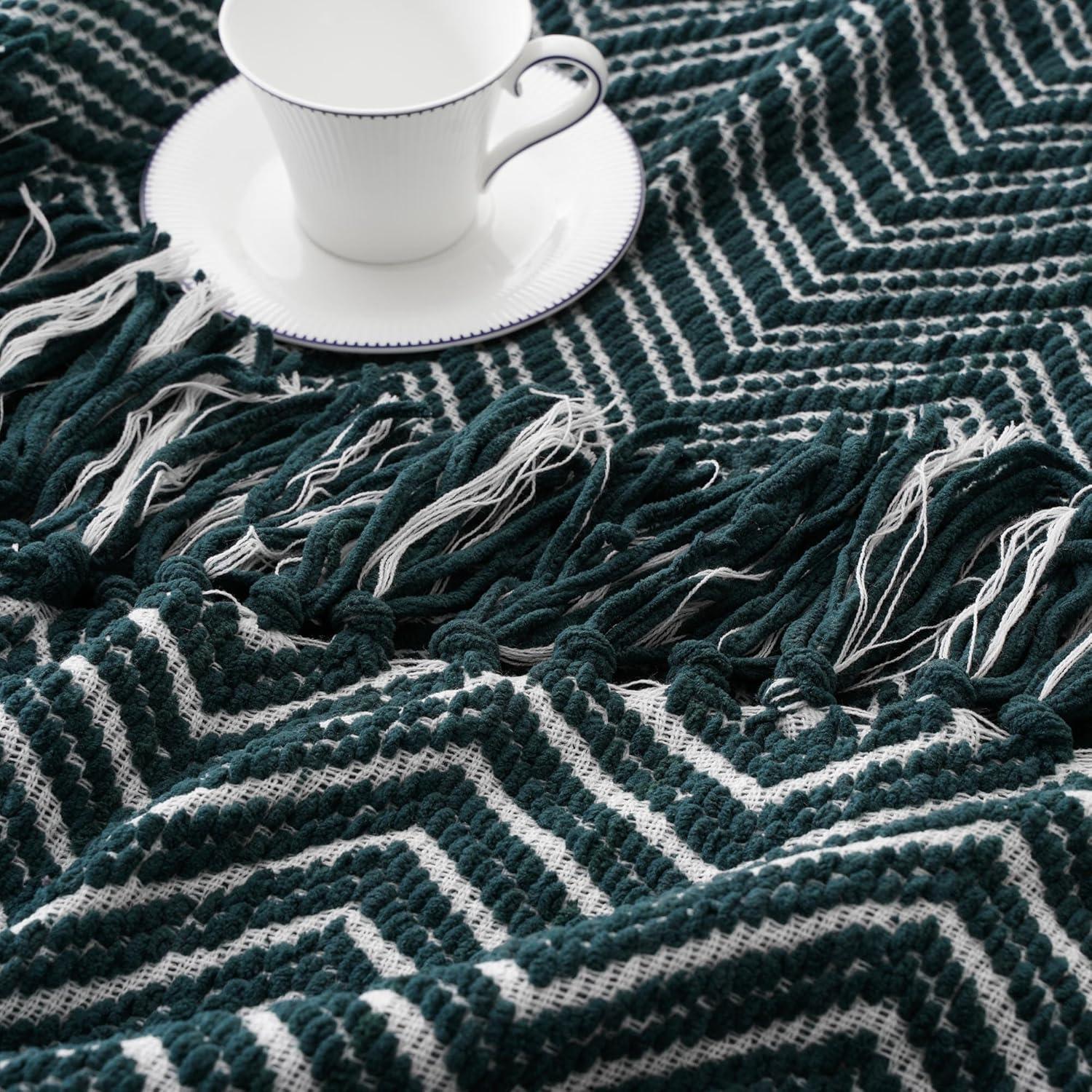 Dark Green and White Knitted Reversible Throw Blanket with Fringe