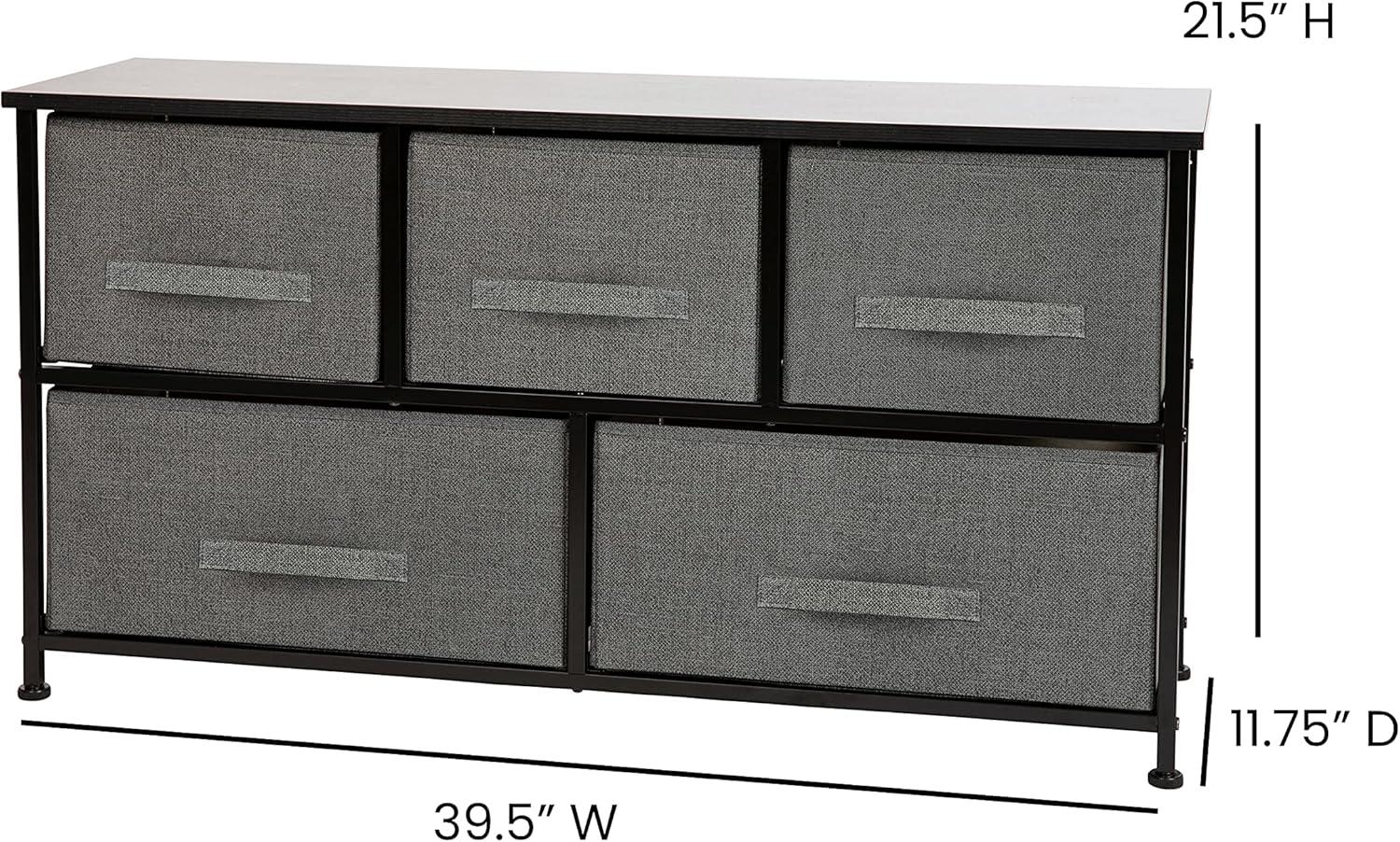 Flash Furniture 5 Drawer Wood Top Black Cast Iron Frame Vertical Storage Dresser with Dark Gray Easy Pull Fabric Drawers