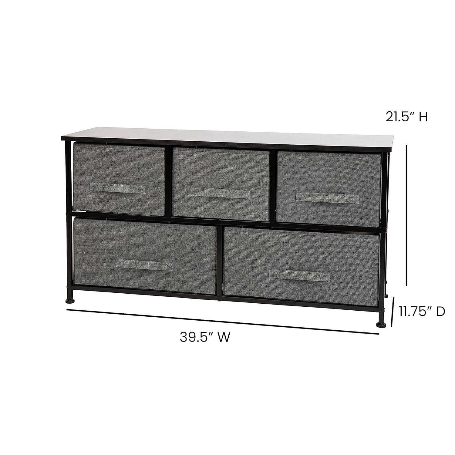 Flash Furniture 5 Drawer Wood Top Black Cast Iron Frame Vertical Storage Dresser with Dark Gray Easy Pull Fabric Drawers