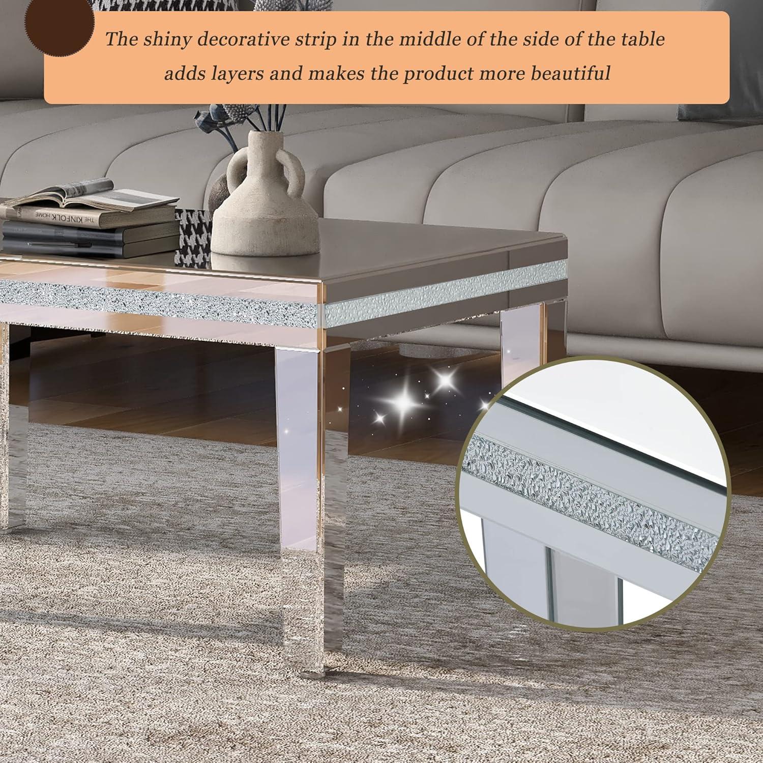 Churanty Glass Mirrored Coffee Table Modern Cocktail Table with Crystal Design and Adjustable Height Legs,Silver