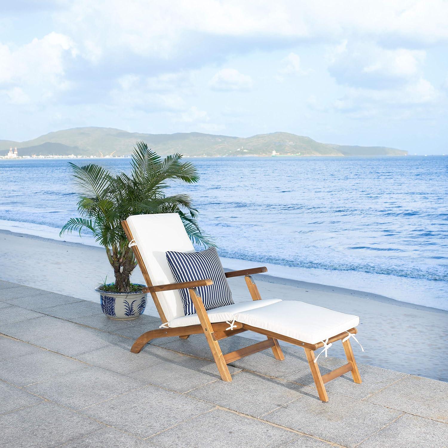 Palmdale Lounge Chair - Outdoor - PAT7015 - Natural/Beige + Blue Stripped Pillow -Safavieh