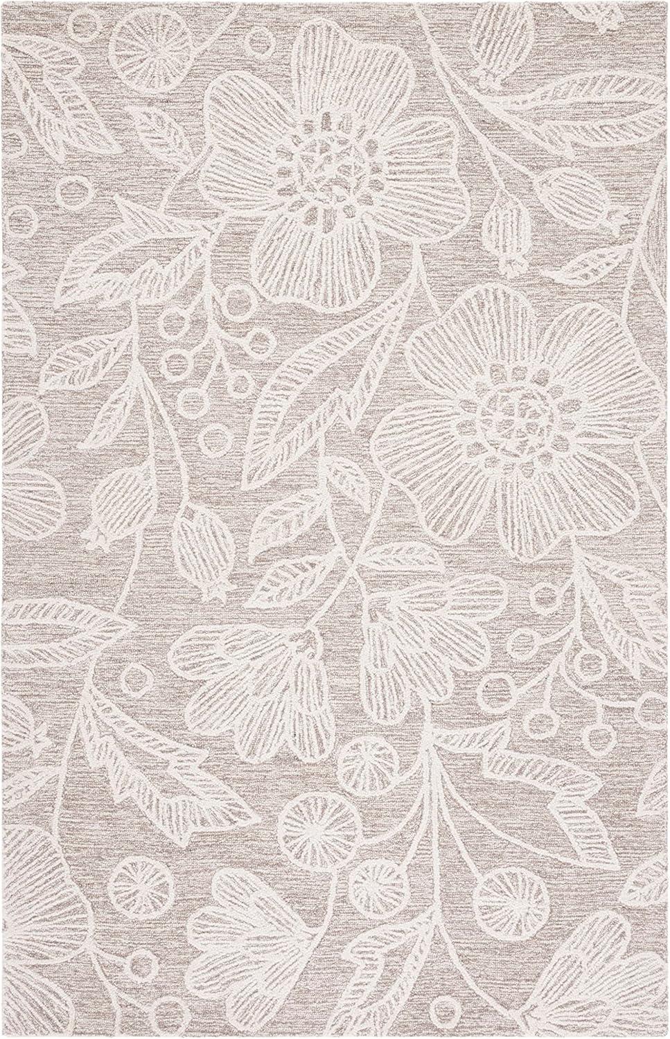 Handcrafted Natural Ivory Floral Wool Area Rug, 8' x 10'