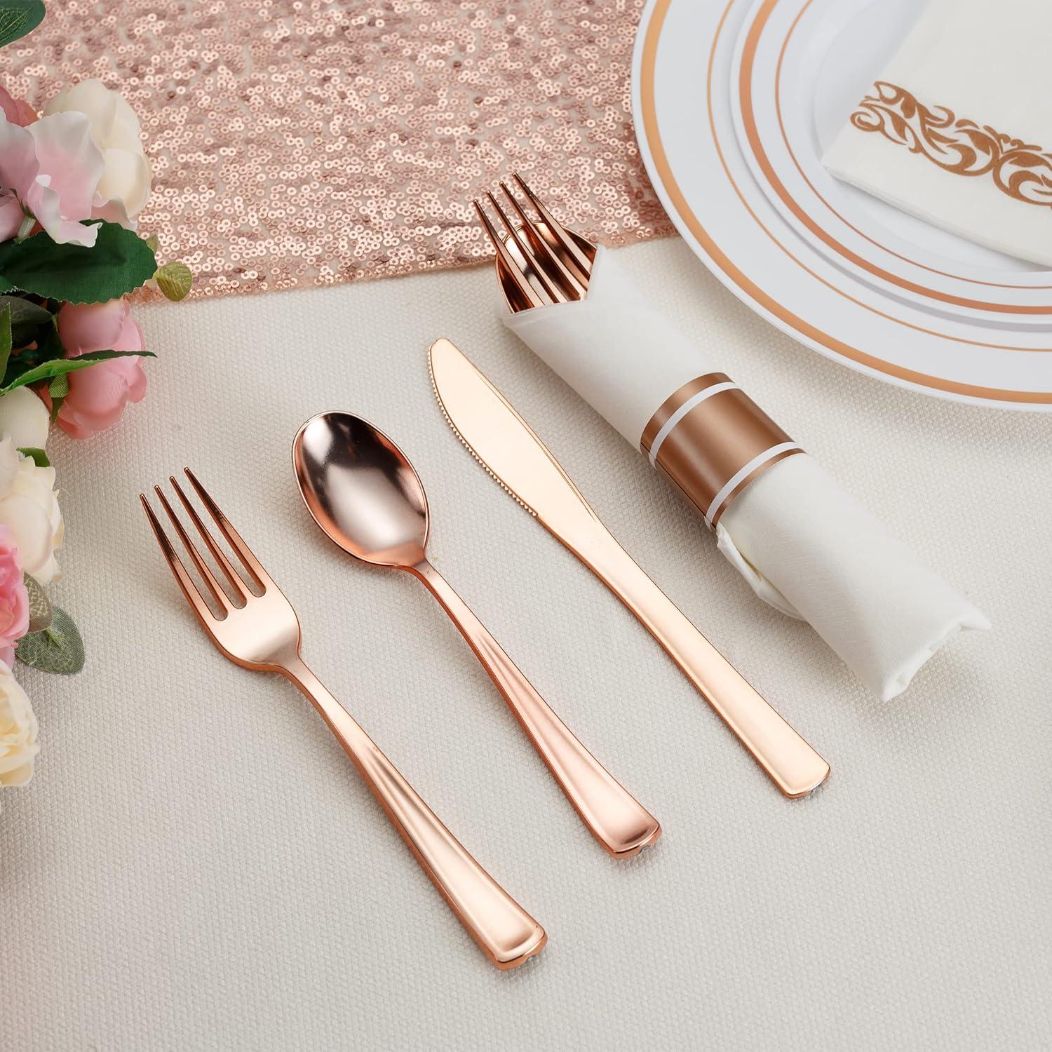 SparkSettings Rose Gold Plastic Silverware, 50 Pre Rolled Napkin and Cutlery Set