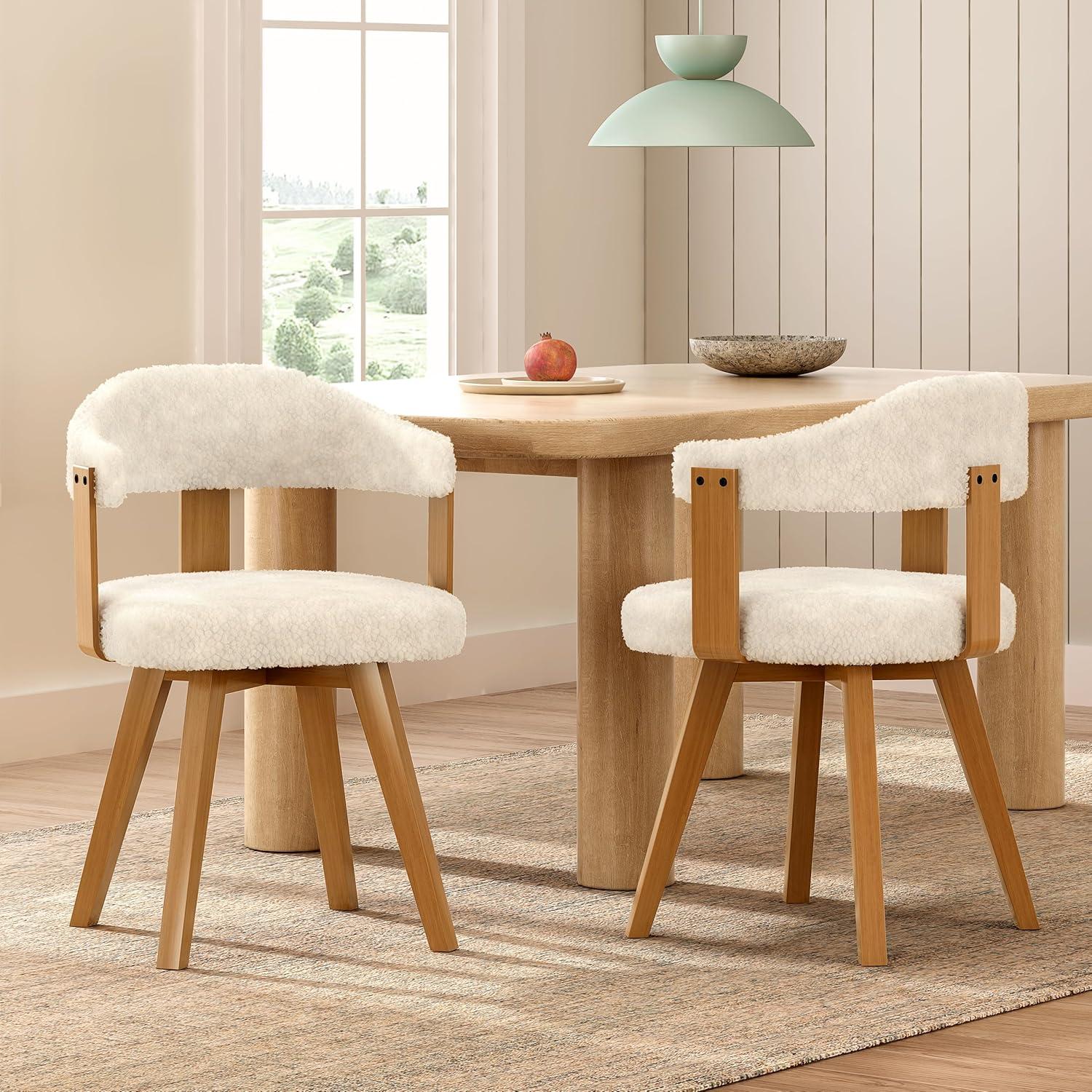 Corrigan Studio® Set Of 4 Swivel Boucle Dining Chairs With Arms And Wood Legs