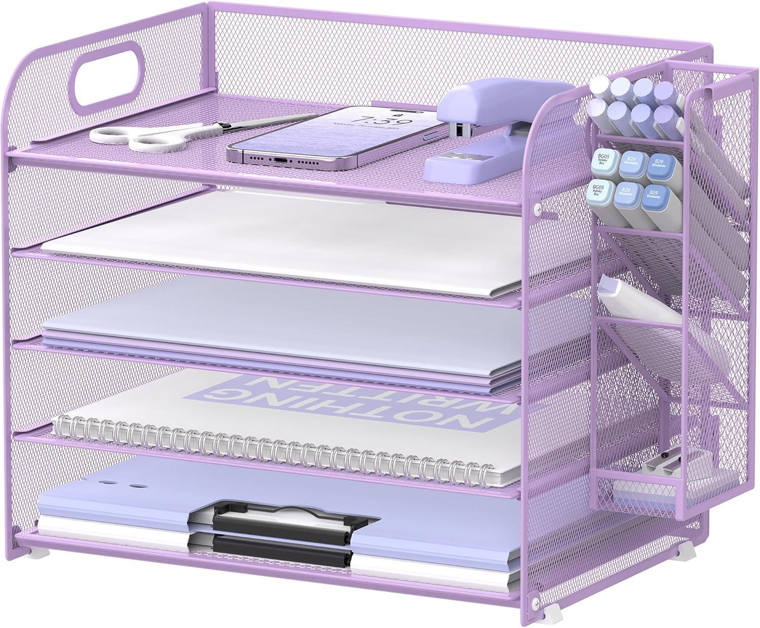 Marbrasse Paper Organizer Letter Tray, 5 Tier Mesh File Organizer with Handle, Paper Sorter Desk Organizer for Home Office Supplies - Purple