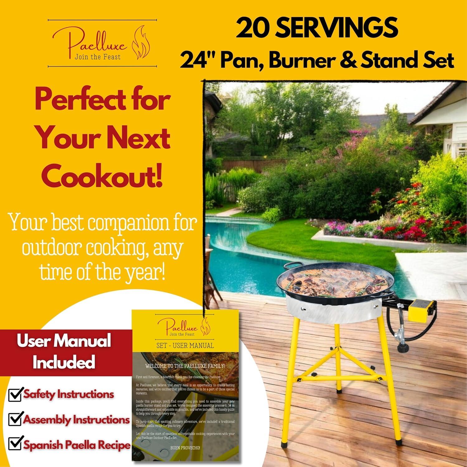 Paelluxe Paella Burner and Stand Set 20 Servings, 24 Inch Paella Pan, Dual Propane Outdoor Stove with Stand & Regulator, Portable Gas Cooker for Camping Crawfish Boil Cooking Outdoor, Paellera Propano
