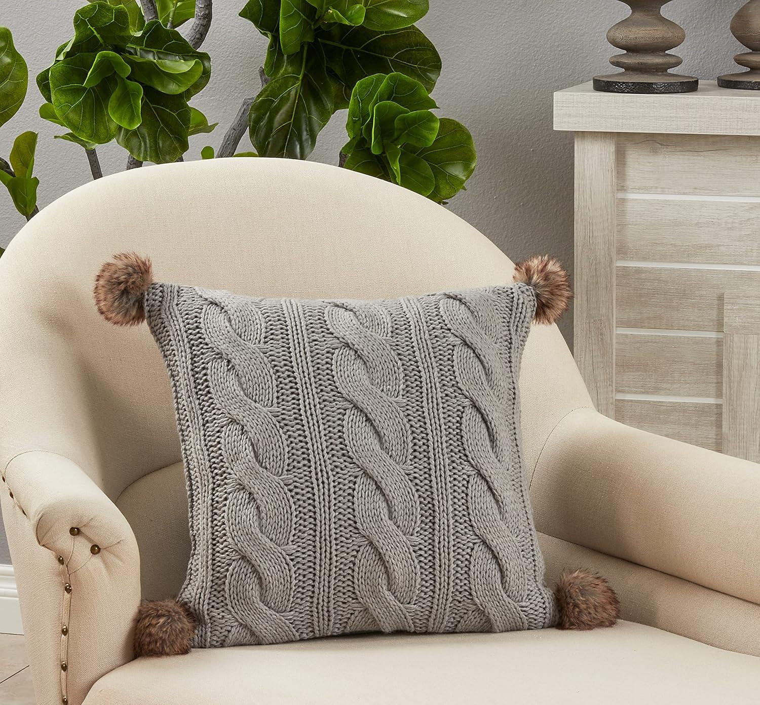 18"x18" Poly-Filled Cable Knit Square Throw Pillow with Pom-Poms - Saro Lifestyle