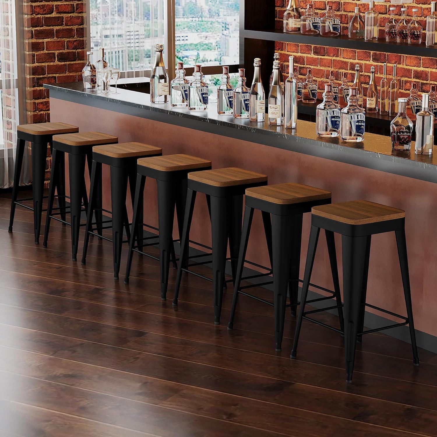 Stools Set of 4 Counter Height  Stools Metal Barstools with Removable Back 30" Kitchen  Stools with Wooden Seat