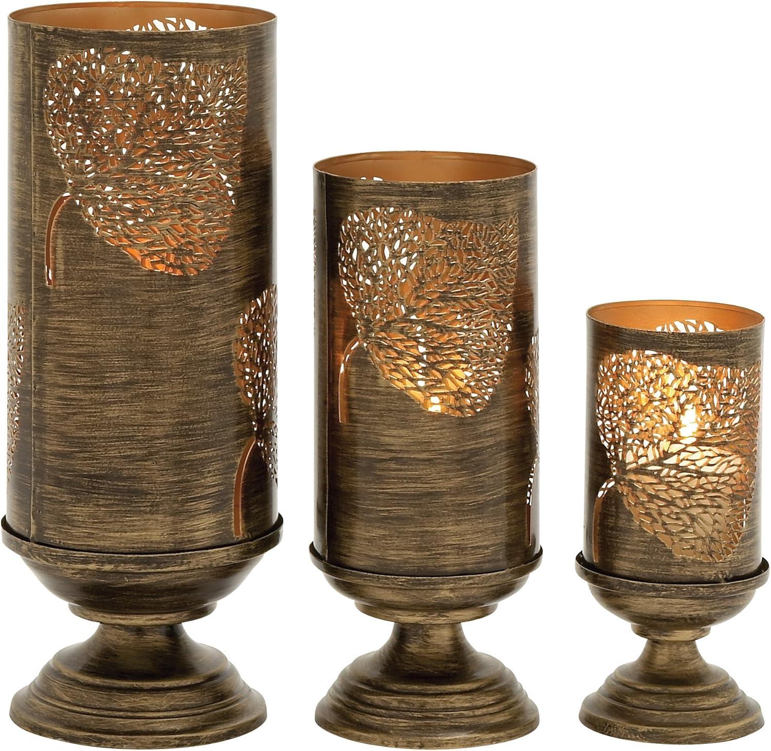 Bronze Leaf Pattern Metal Hurricane Candle Lantern Set