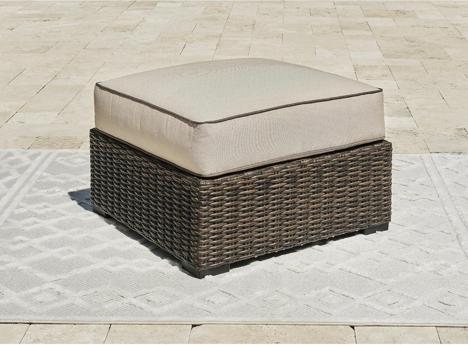 Beige and Brown Outdoor Resin Wicker Ottoman with Cushion