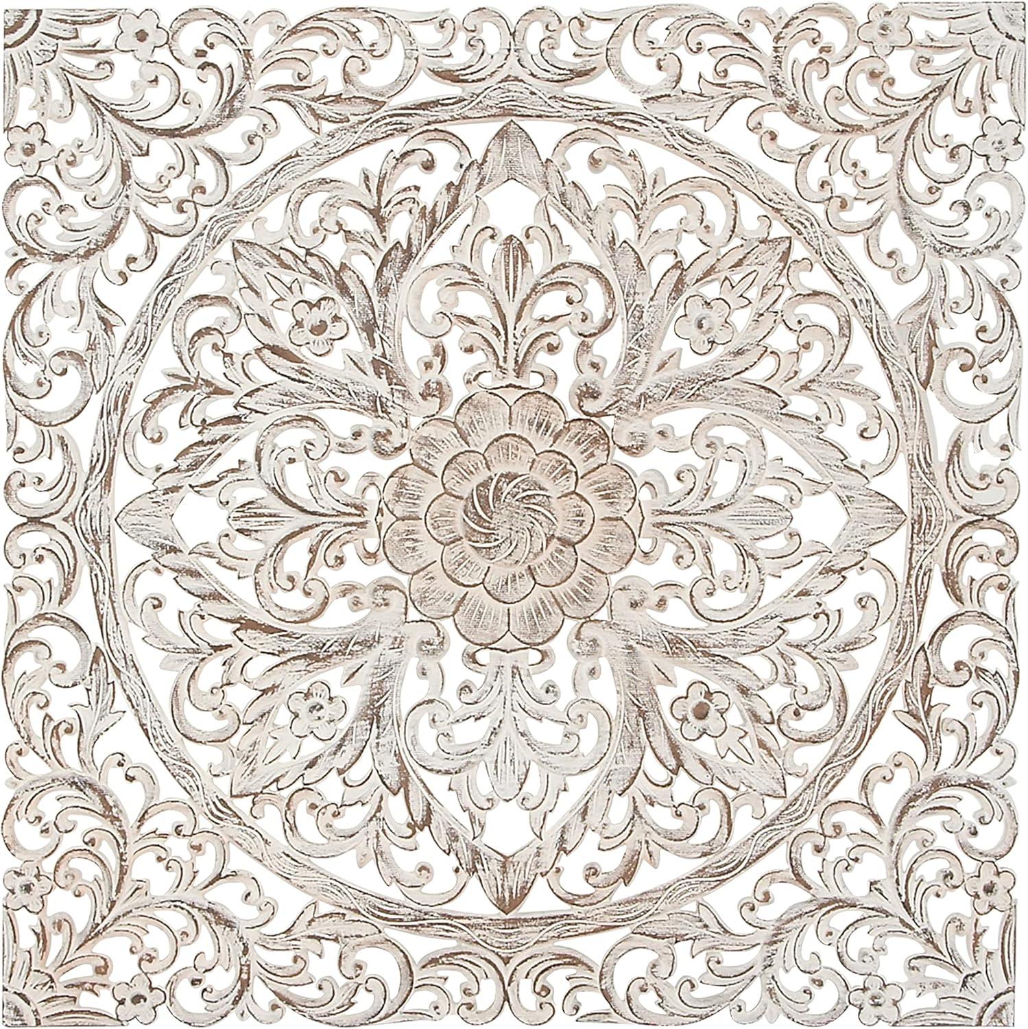 Wood Floral Handmade Intricately Carved Wood Wall Decor with Mandala Design Brown - Olivia & May: Traditional Style, Botanical Art