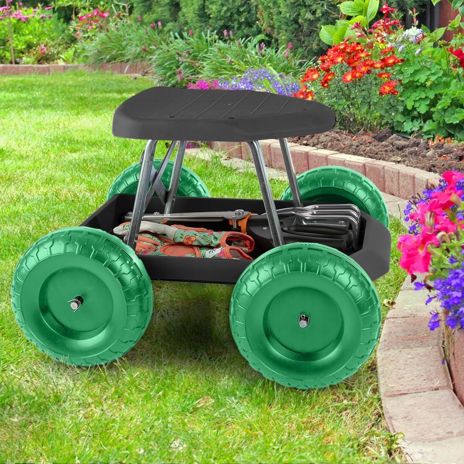 BINLIS PVC Plastic Stainless Steel Pure Garden Rolling Gardening Stool with Wheels and Storage