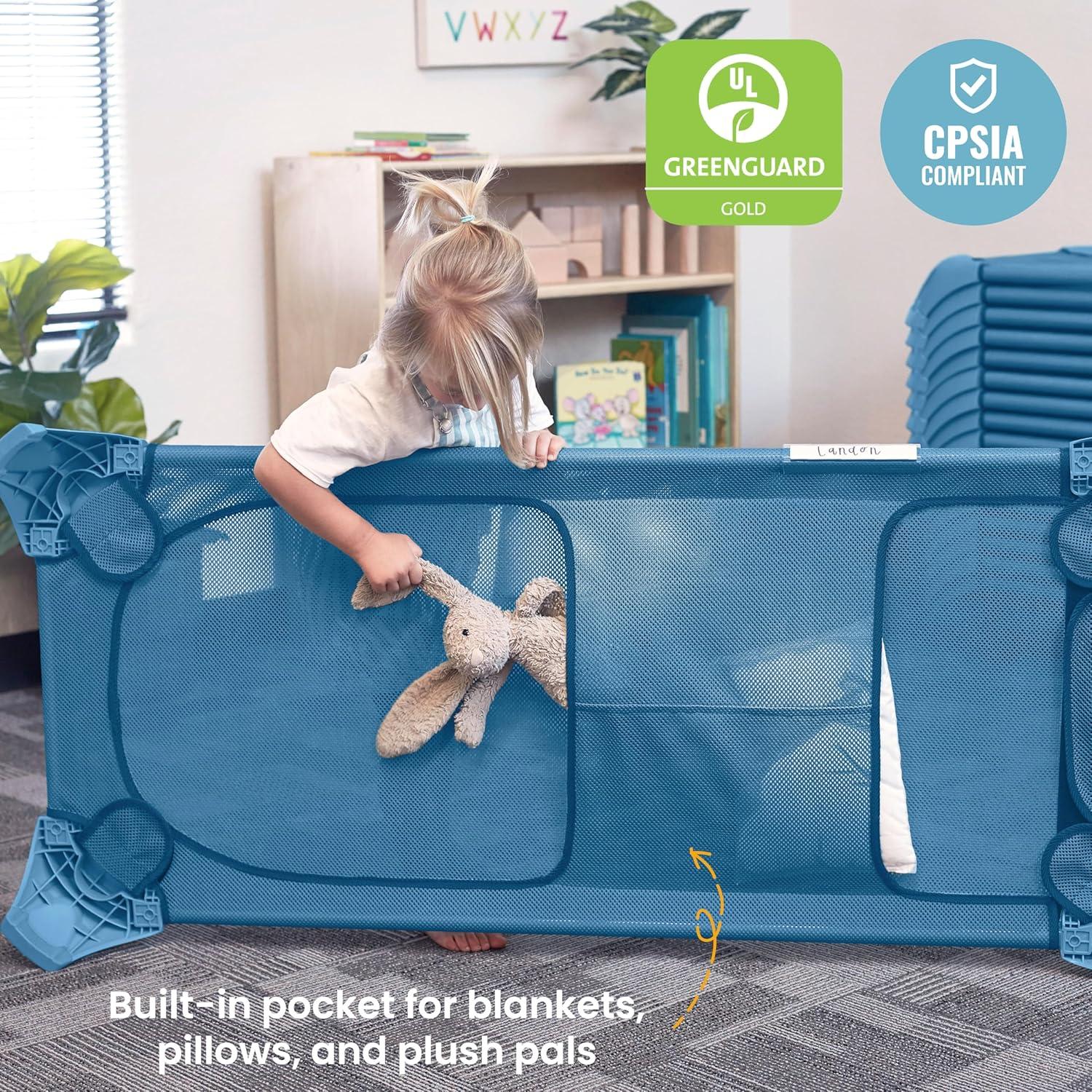 ECR4Kids ECR4Kids Stackable Kiddie Cot with Sheet, Classroom Furniture, Blue (Set of 6)