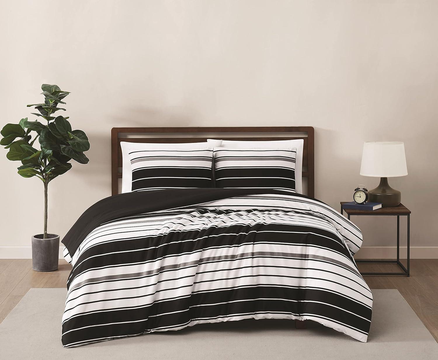 Black and White Striped Twin XL Microfiber Duvet Cover Set