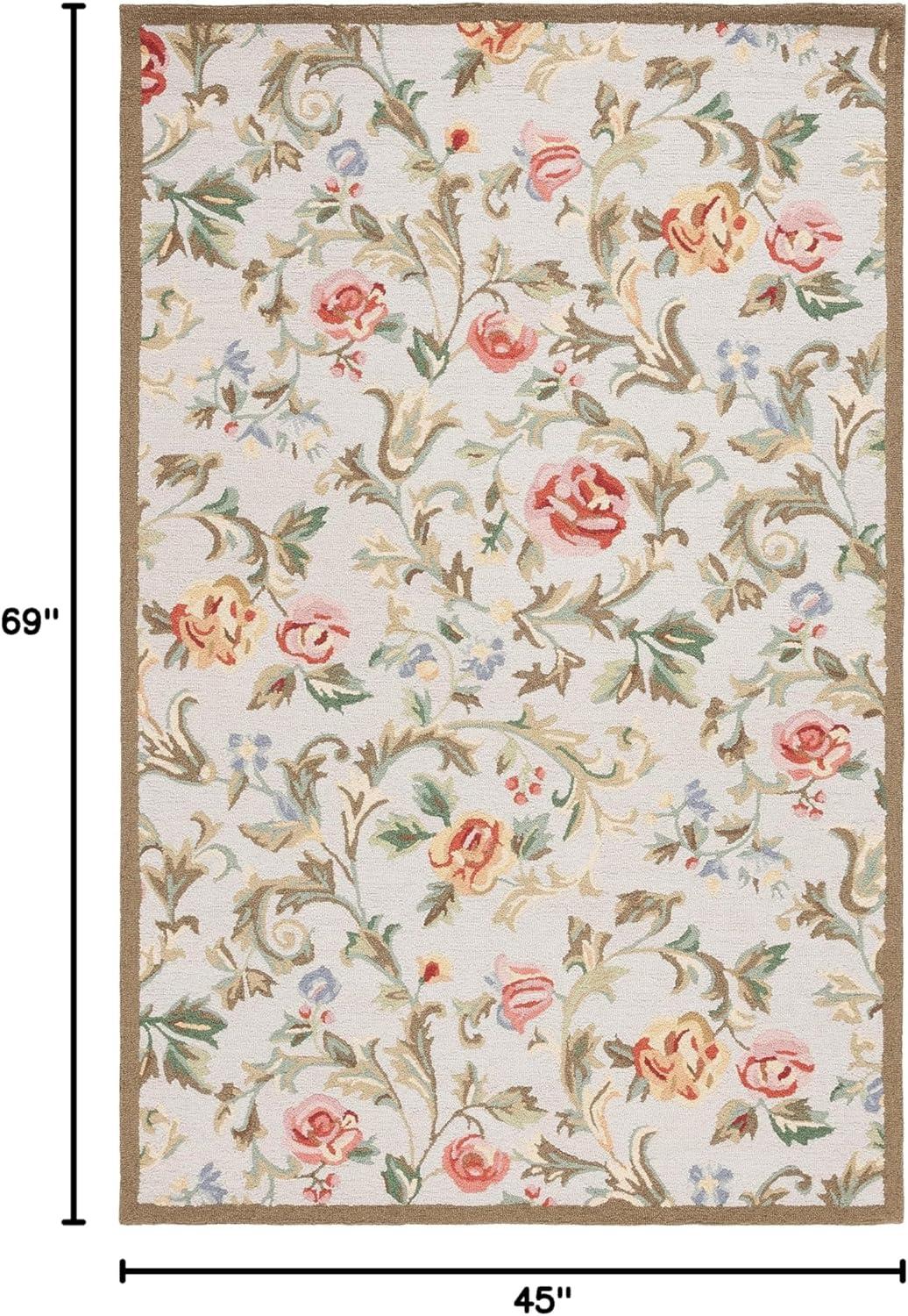 Handmade Ivory and Sage Floral Wool Rectangular Rug