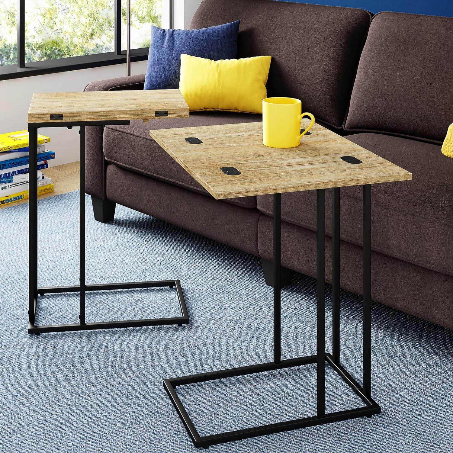 Harton Rustic Expandable C Side Table - Natural Wood - Serta: Over Sofa Design, Black Metal Legs