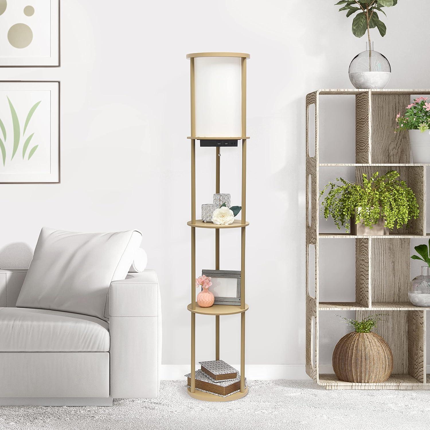 62.5" Round Modern Shelf Etagere Organizer Storage Floor Lamp with 2 USB Charging Ports and 1 Charging Outlet - Simple Designs