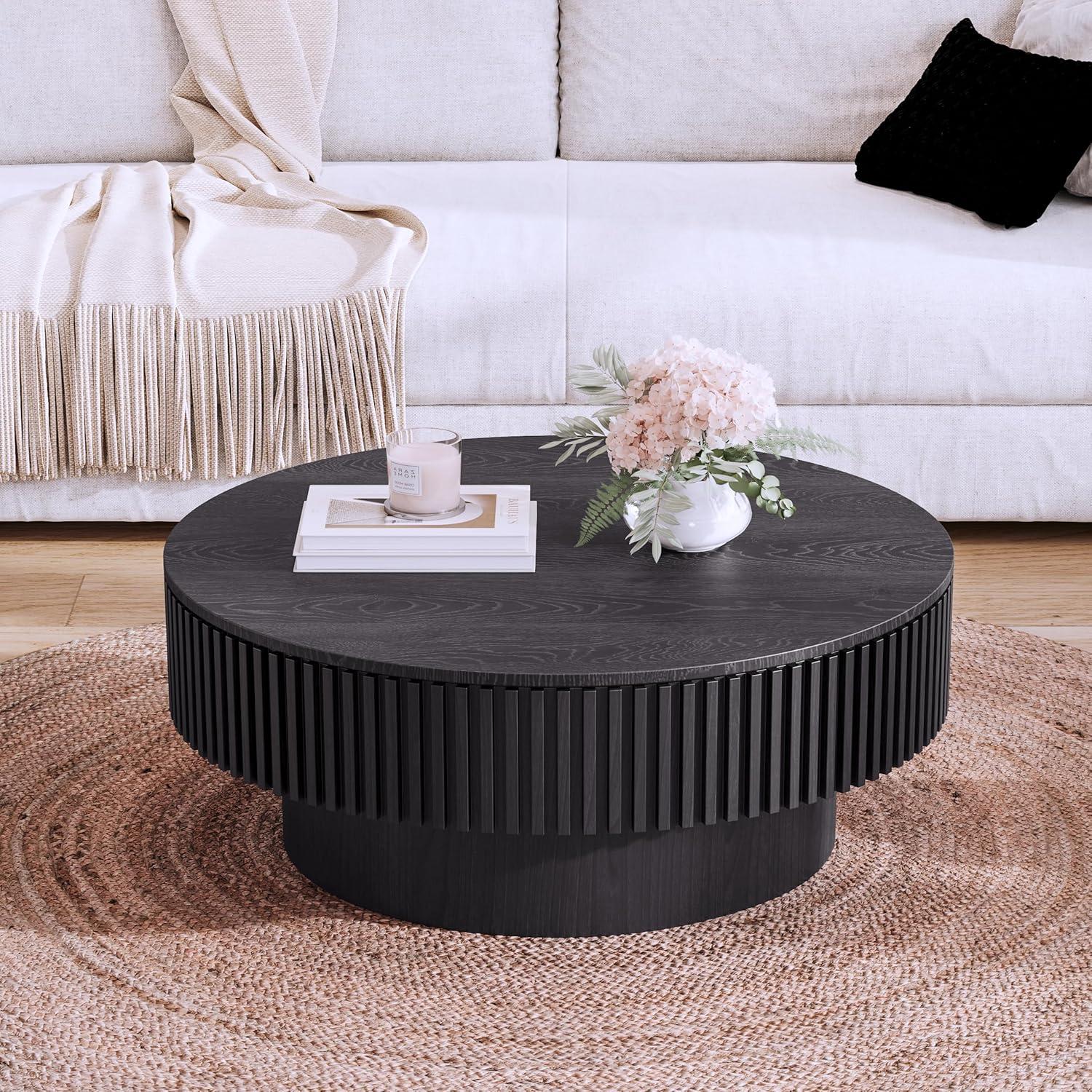 Round Coffee Table with Storage, Modern Wooden Coffee Table with Solid Wood Veneered, 31.5" Small Circle Center Table,Tea Table for Living Room,Home Small Space,Black