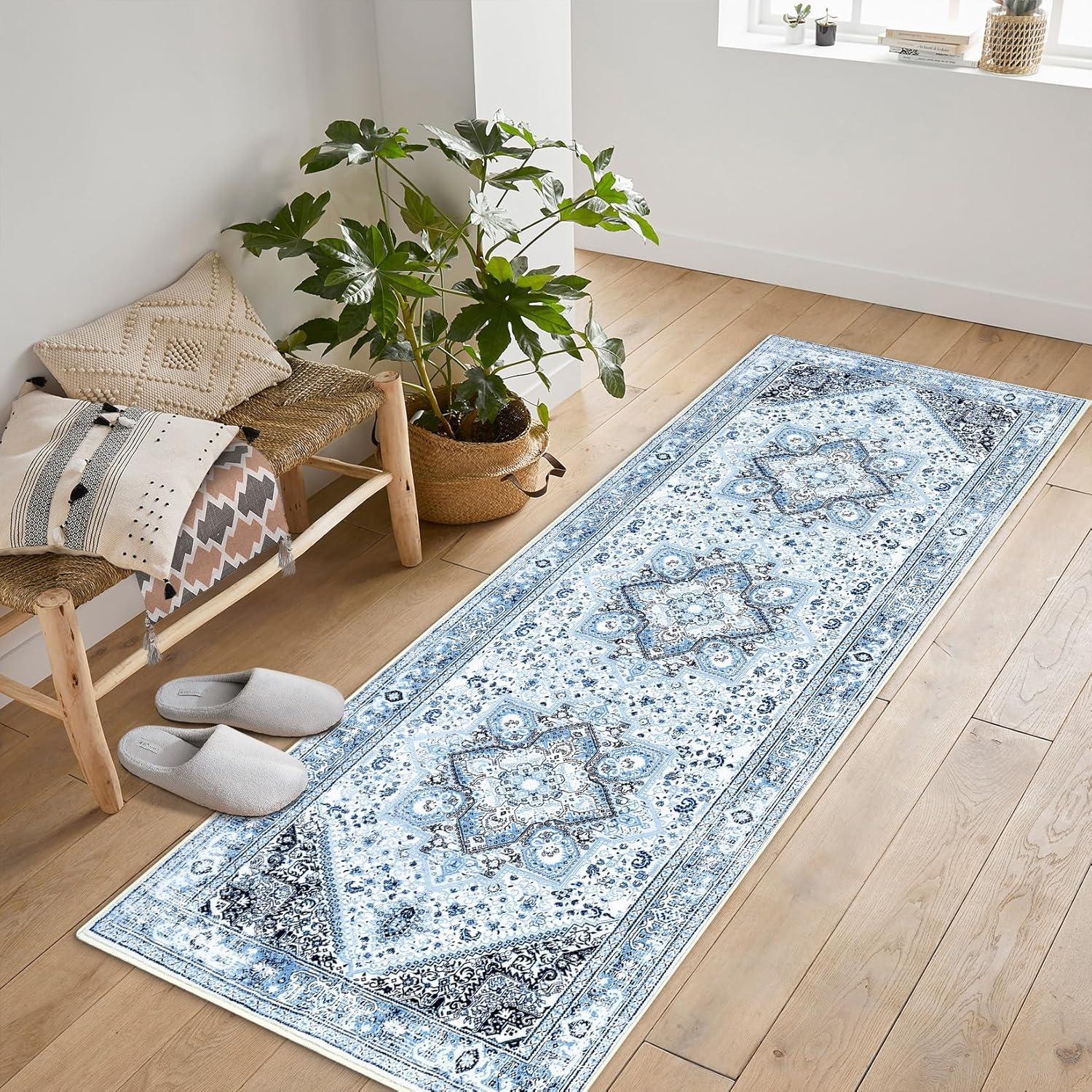 WhizMax 2x6 Vintage Hallway Runner Rug Machine Washable Rug Farmhouse Bedside Persian Distressed Rug Soft Foldable Thin Rug for Laundry, Blue/Grey