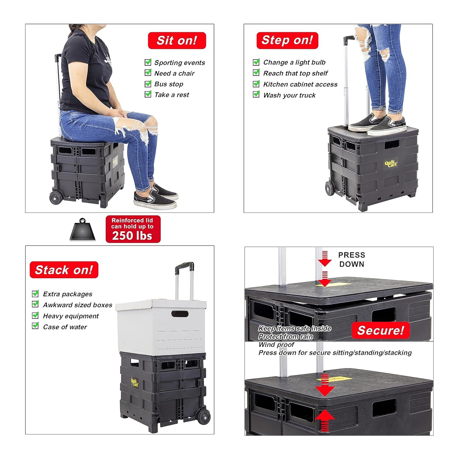 dbest products Quik Cart Sport Collapsible Rolling Crate on Wheels for Teachers Tote Basket 80 lbs Capacity, Made from Heavy Duty Plastic , Black