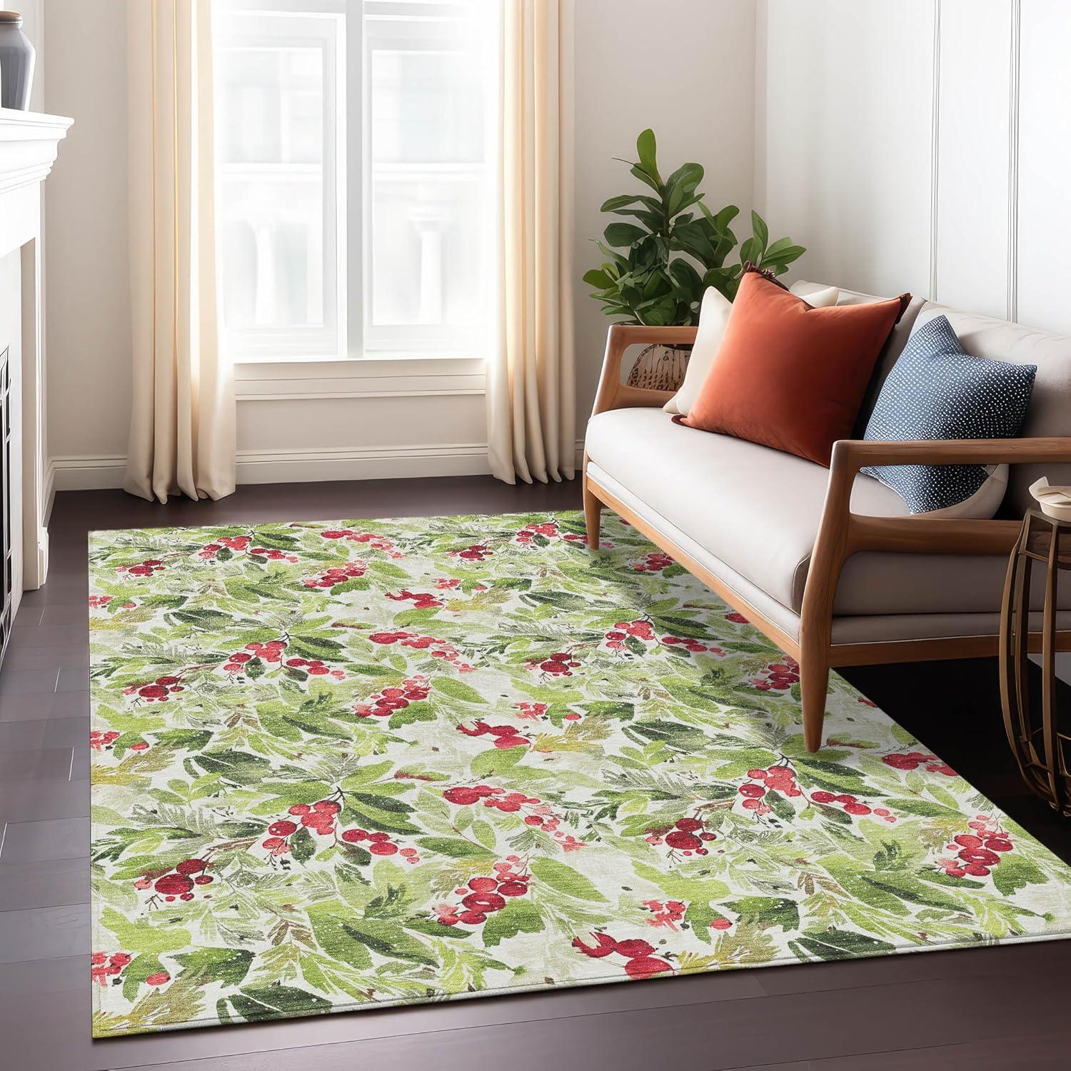 Aloe and Red Holly Berry Washable Synthetic Rug