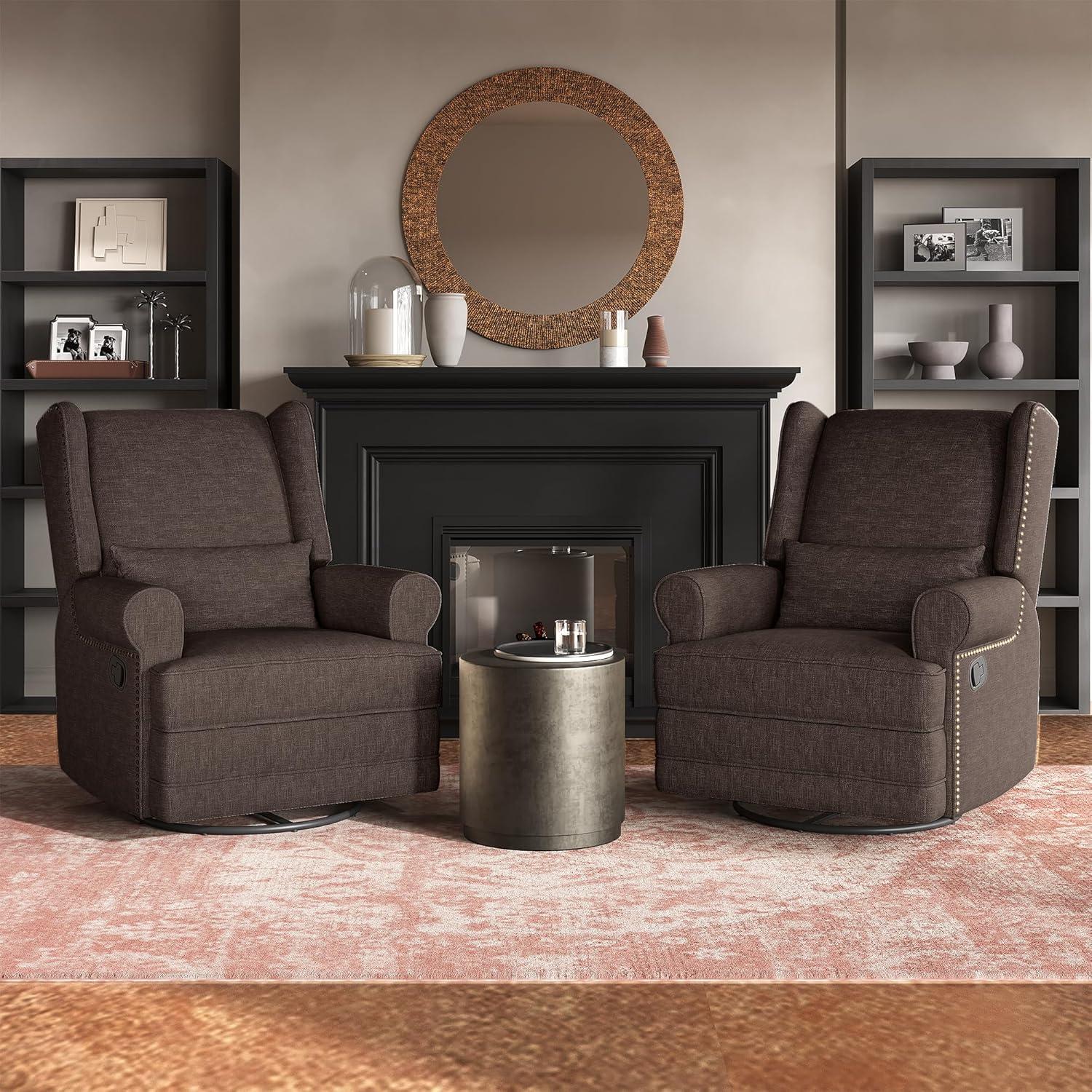 RoyalCraft Swivel Recliner Chair, Comfy Glider Rocking Chairs with Lumbar Pillow and Footrest, Upholstered Swivel Rocking Chair for Bedroom,Nursery,Brown