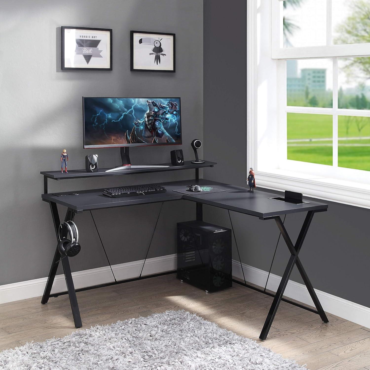 OSP Home Furnishings Checkpoint Battlestation L shaped Gaming Desk with RGB LED Lights