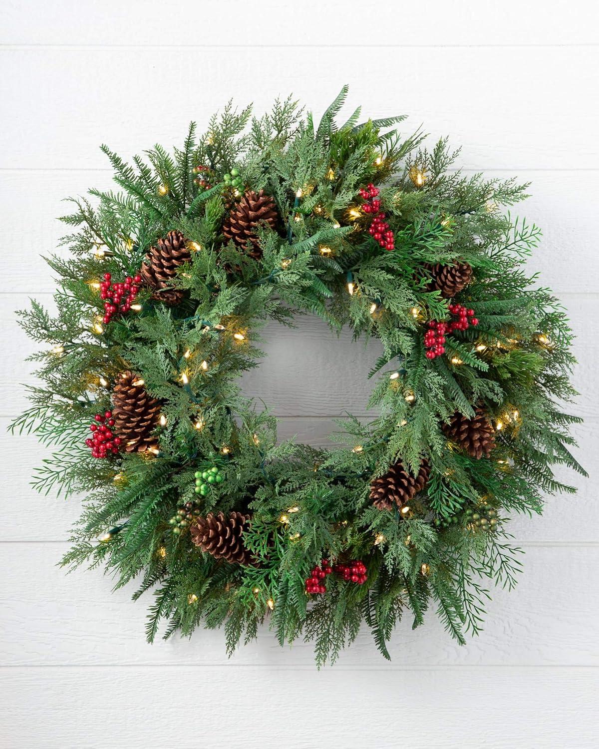 30 Inch Prelit Winter Pine and Berry Artificial Christmas Wreath