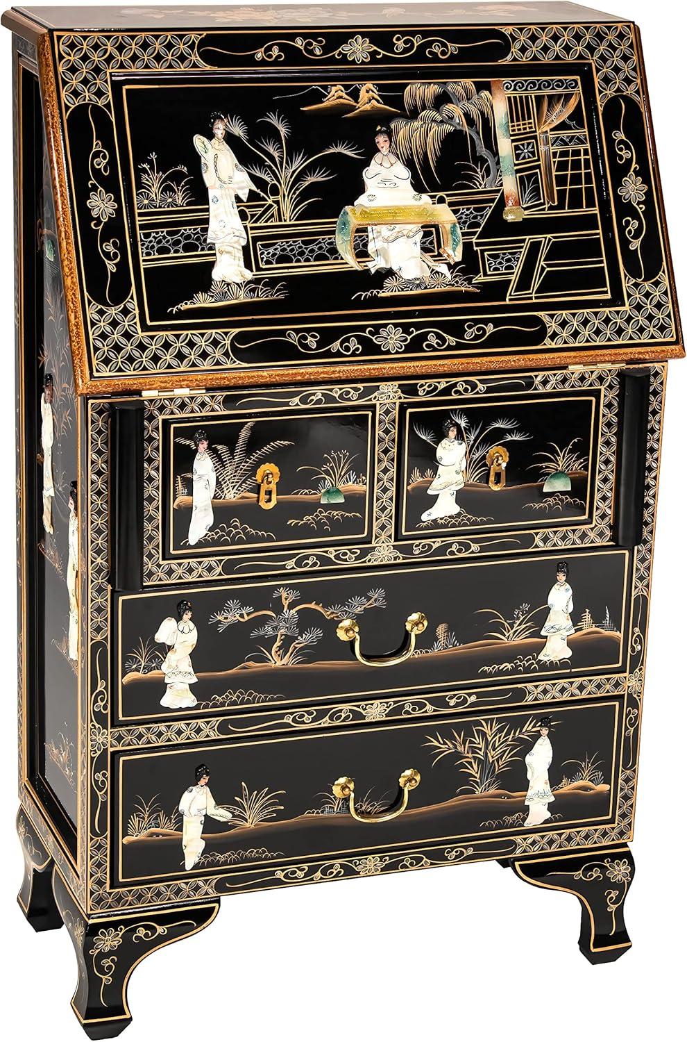 Exquisite Black Lacquer Secretary Desk with Mother-of-Pearl Accents