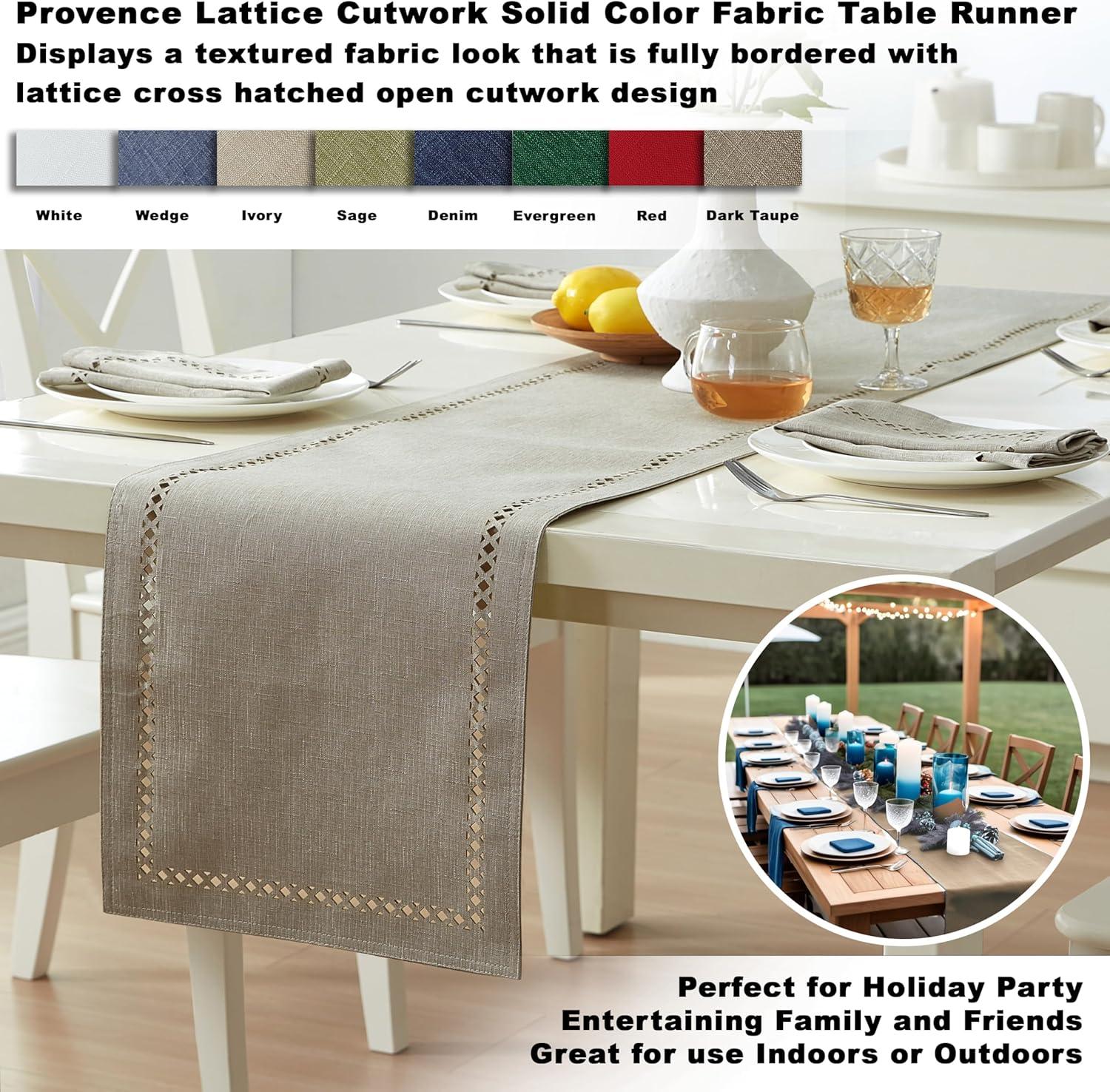 Newbridge Provence Lattice Cutwork Solid Color Textured Fabric Table Runner, 70 Inch Long, Taupe