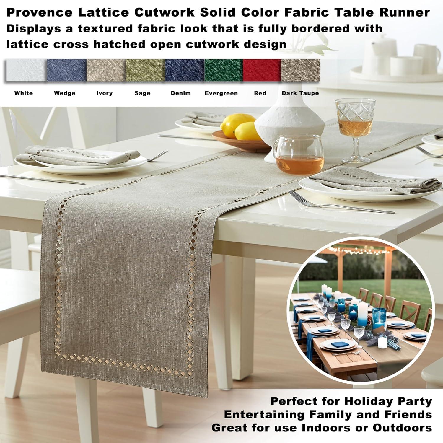 Newbridge Provence Lattice Cutwork Solid Color Textured Fabric Table Runner, 70 Inch Long, Taupe